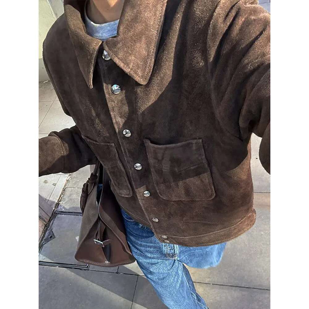Retro Brown Suede Women's Jackets Lapel Long Sleeve Single Breasted Female Coat 2025 Spring Street Fashion Lady Outerwears