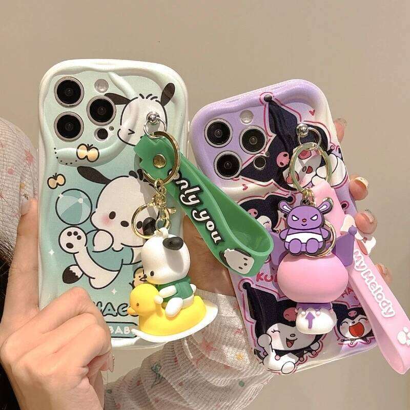 3D Cartoon Kuromi Wavy Phone Case For iPhone 16 15 14 Pro 13 12 11 X Xr Xs Max 7 8 Plus SE Cute Melody With Wrist Strap Cover