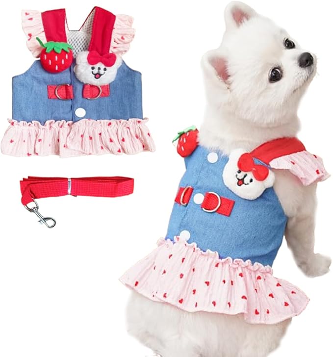 Denim Dog Dress Harness Leash Set Cute Small Dogs Clothes Girl Heart Patterns Puppy Dresses Breathable Mesh Cat Harness Strawberry Chihuahua Yorkie Ou