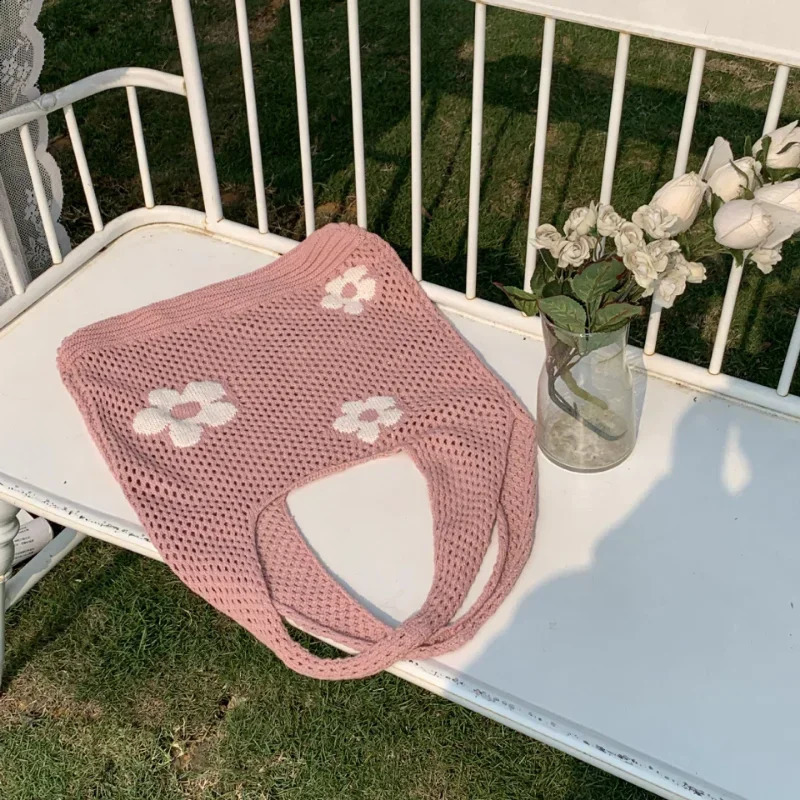 Ladies Retro Shoulder Bag Handbag for Women Ins Fashion Sweet Flower Knitted Hollow Tote Simple Bag Large Capacity Shopping Bag 250523