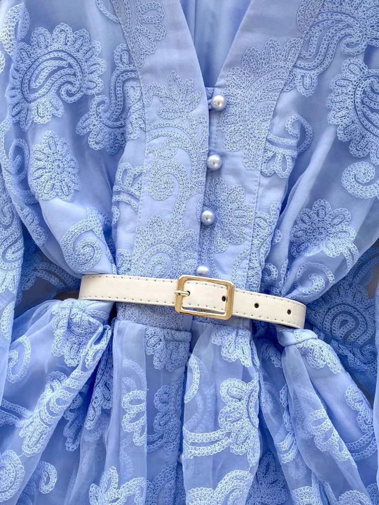 France Elegant Vintage Evening Dress Women Embroidery Sashes Short Party Dress Female Casual Holiday Clothing 250517