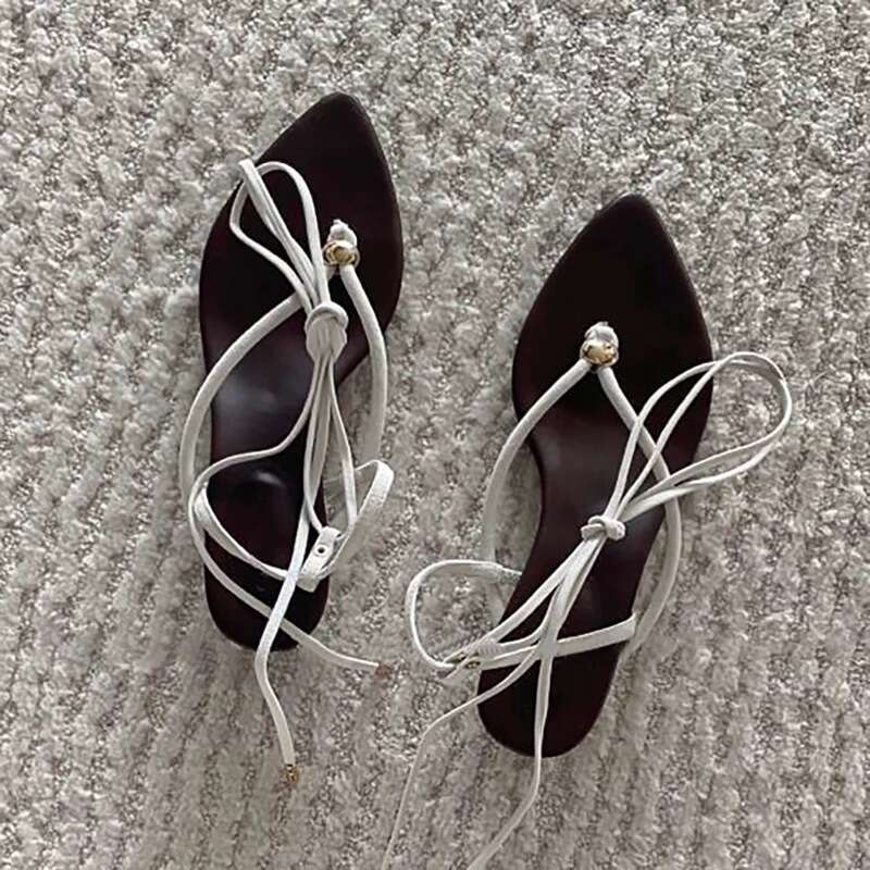 Sheepskin Version ~ Niche Pointed Toe Post Two-Way Lace-Up Roman Sandals for Women 2025 Summer New Thick Heel Slippers