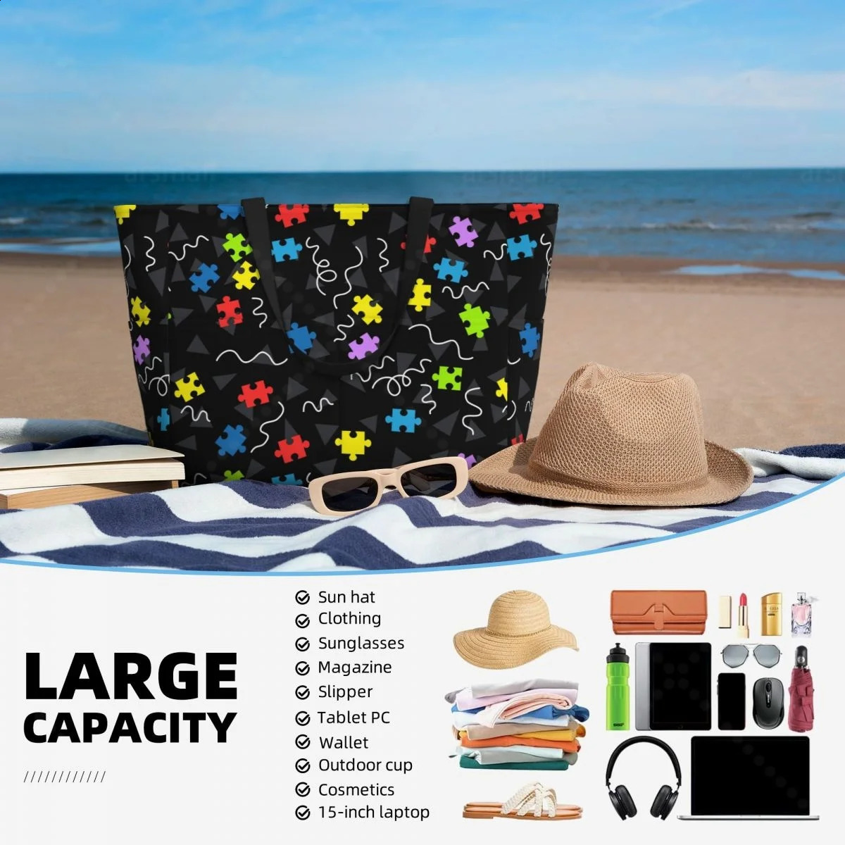 Puzzle Piece Travel Tote Bag Large Sandproof Beach with Zipper and Pockets for Womens Vacation Gym Travel 250528
