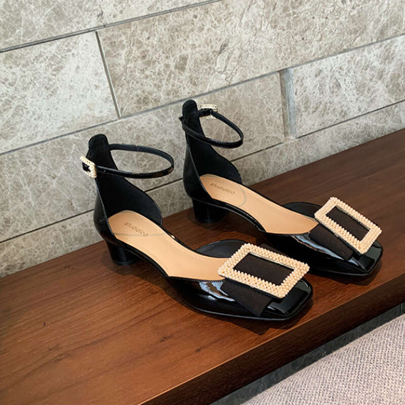 Grape Mom Nice Island Strap Sandals Shallow Mouth Rhinestone Square Buckle Closed Toe Hollow Single Shoes