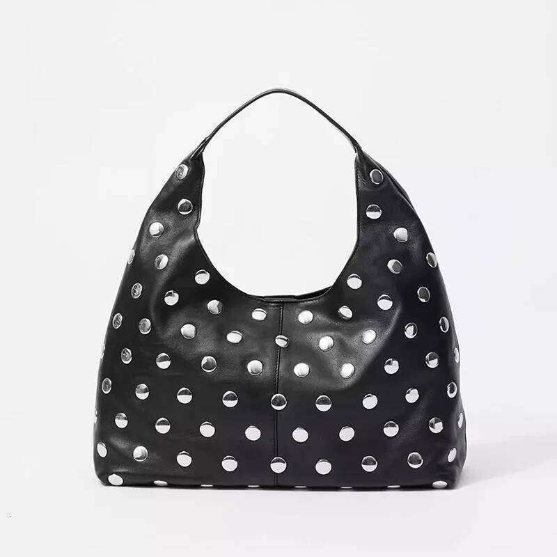Women's Bags Designer Punk Rivet Tote Bags For Women Half Moon Black Shoulder Soft PU Leather Handbags And Purses High Quality Cloud Bag Shopper