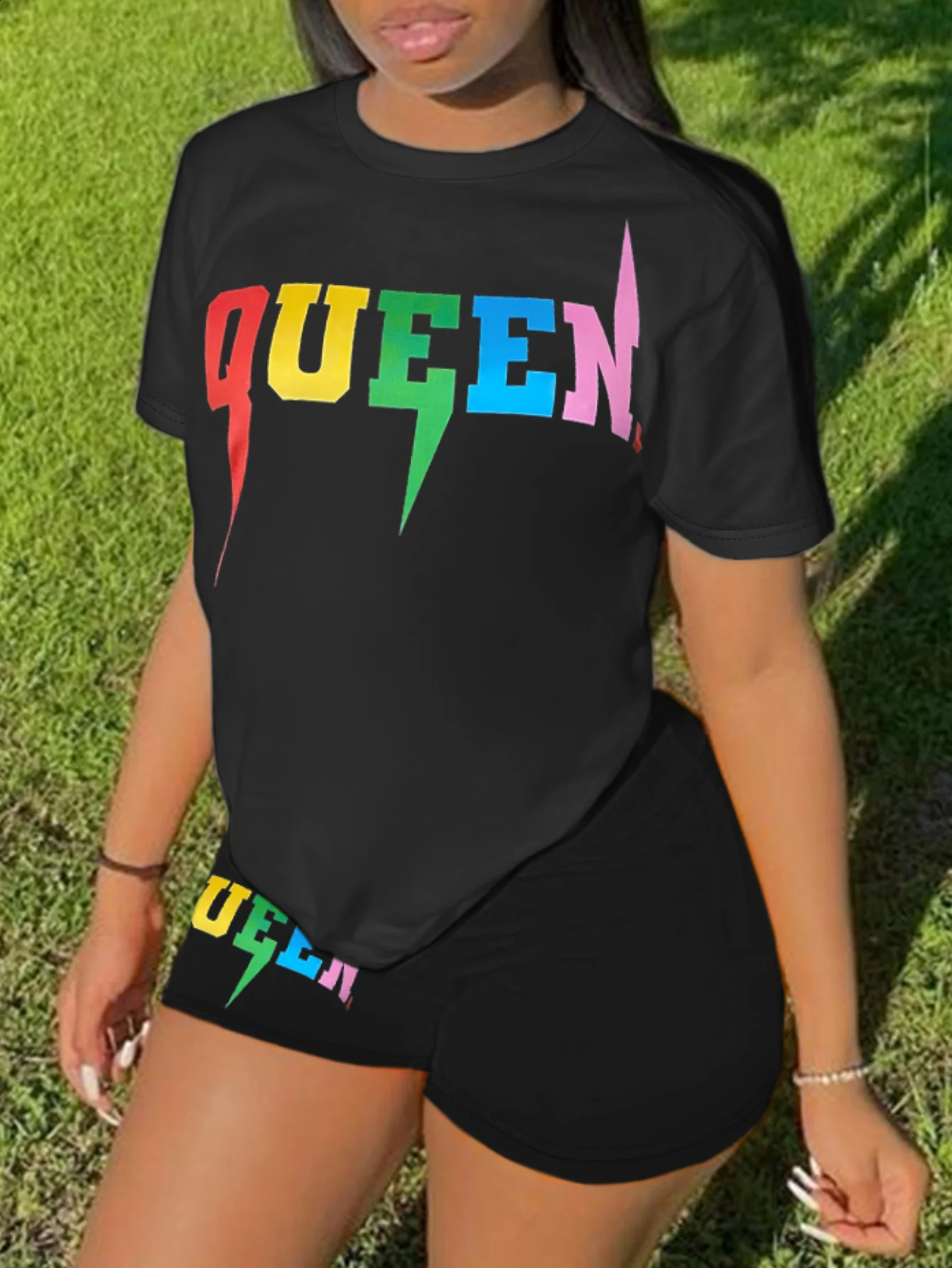 LW Letter Print plus size casual Twopiece Shorts Set 2024 Women Short Sleeve Tracksuit Casual Matching Suit for Summer 250517
