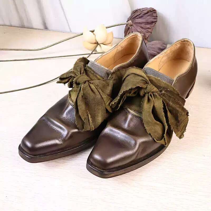 Genuine Leather Niche Bowknot Strap Pleated Square Toe Women's Loafers 2025 New Chunky Heel Single Shoes