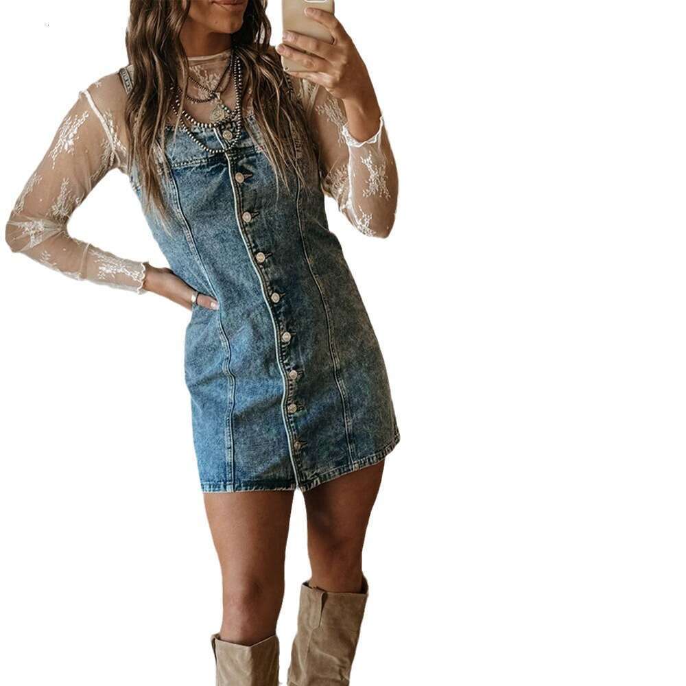 Early Autumn Vintage Strap Casual Western Style Slim Fit Denim Dress B5