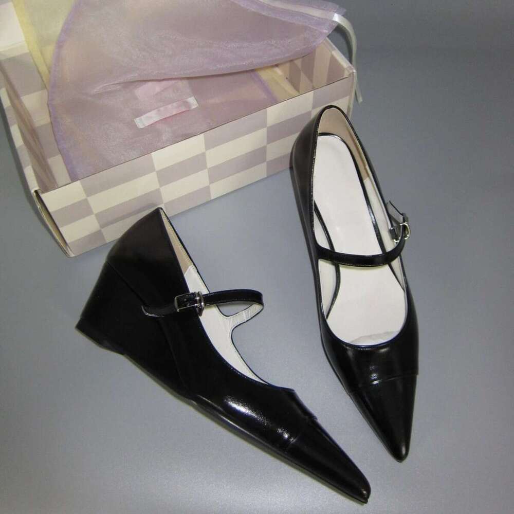 Genuine Leather French Niche Design One-Strap Buckle Pointed Toe Wedge Block Heel Mary Jane Shoes for Women Spring Summer High Heels