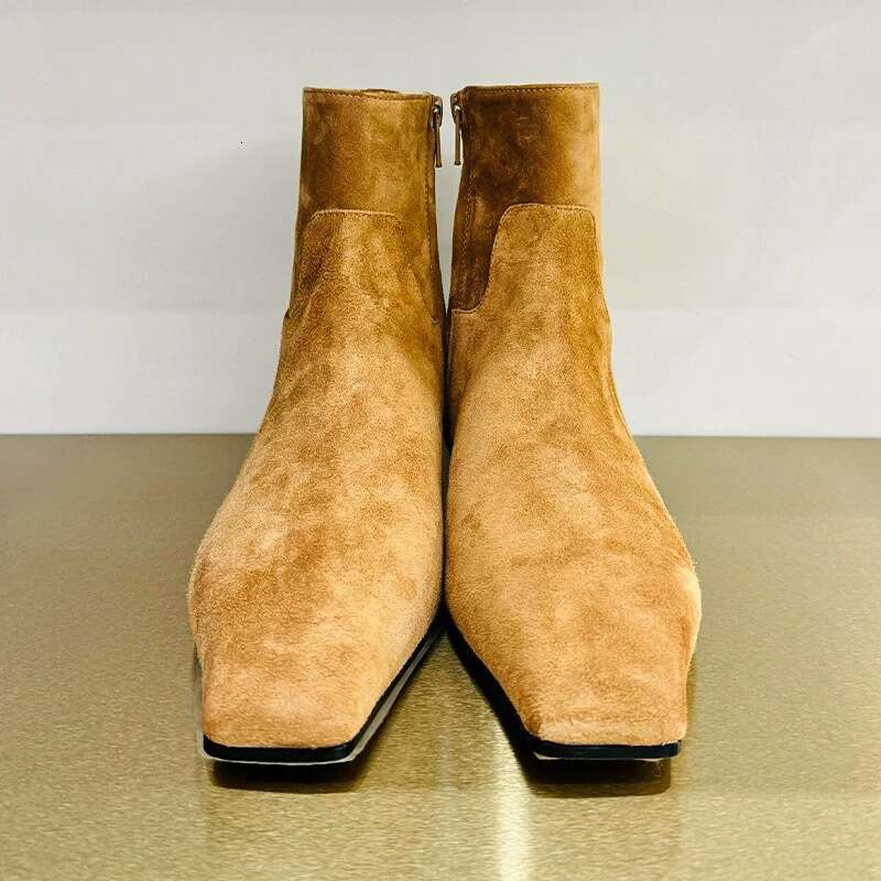 Korean Style Melard Side Zipper Suede Square Toe Slim Short Autumn Winter Fleece Lined Low Heel Martin Women Boots