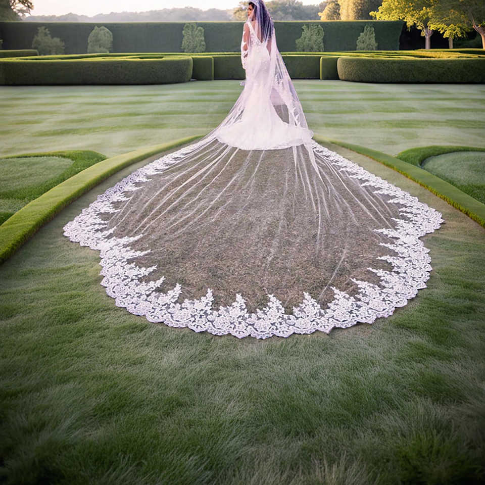 Elegant Wedding Veil White Ivory One Layer Long Cathedral Length Veils Appliques Edge Customized Bridal Accessories