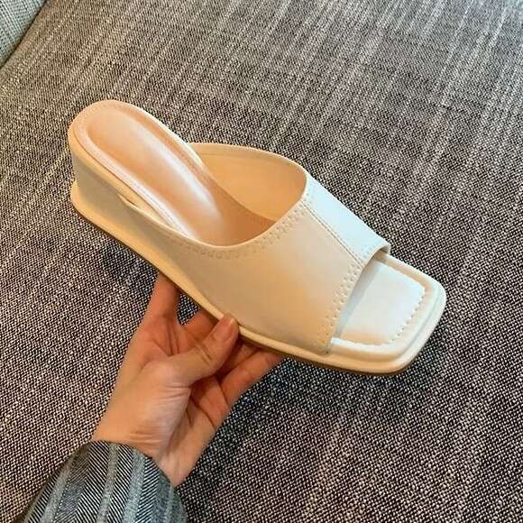Cowhide Version ~ Korean Square Wedge Open Toe One-Strap for Women Outdoor 2025 Summer Fashion High Heel Sandals