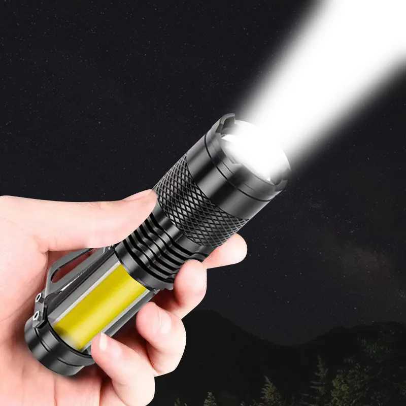 Mini Rechargeable LED Flashlight with Side Light Using XPE + COB Beads Supports Telescopic Zoom With Pen Clip for AdventureXJ250529