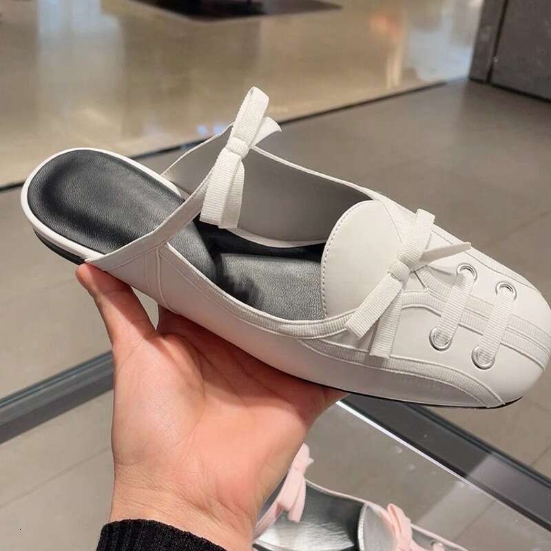 Genuine Leather Korean Style Bowknot Toe Cap Half Slippers for Women Outdoor 2025 New Spring Summer Fashion Flat Mules Sandals