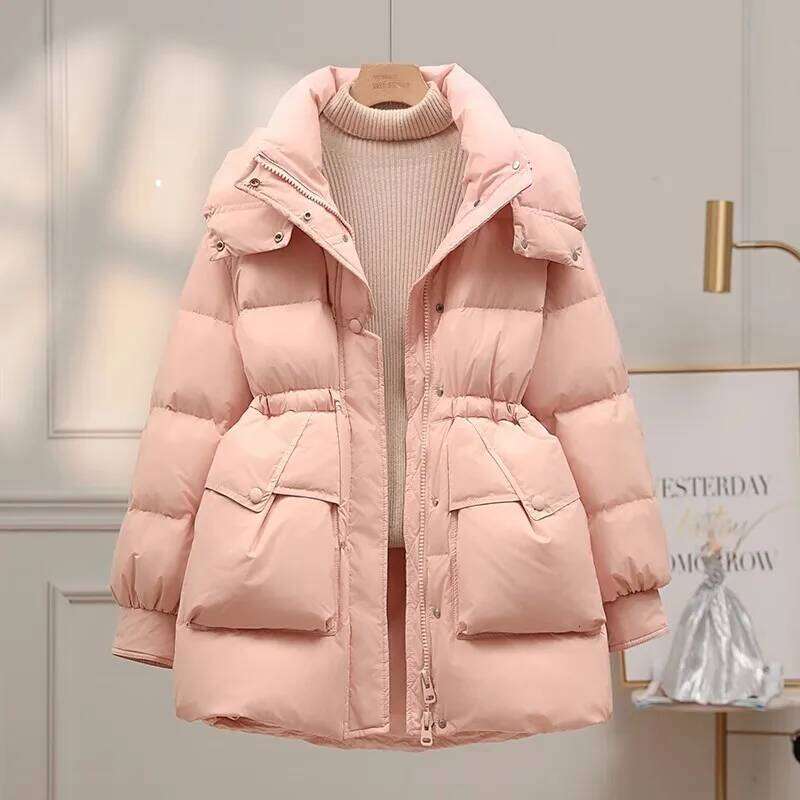 90 White duck down Jacket For women Winter 2025 New Slim Detachable hat Coat Medium length Female Casual Down Outwear