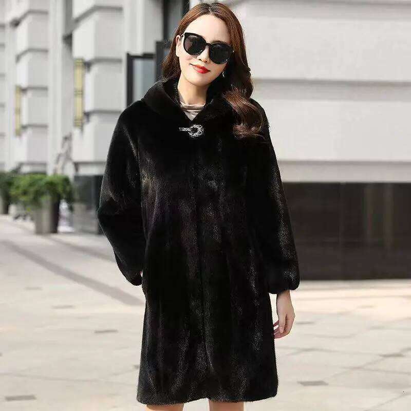 2024 New Women Warm Hooded Jacket Imitation Mid-Long Fur Coat Mink Female Oversized Mother Winter Pa