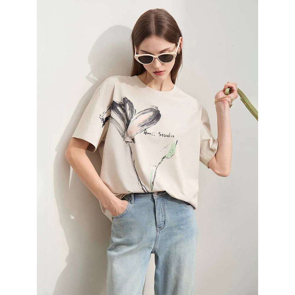 Amii Minimalism 2024 T-Shirt Women Summer New O Neck Ink Art Print Cool Feeling Short Sleeve Loose Cotton Tee Tops 12442185