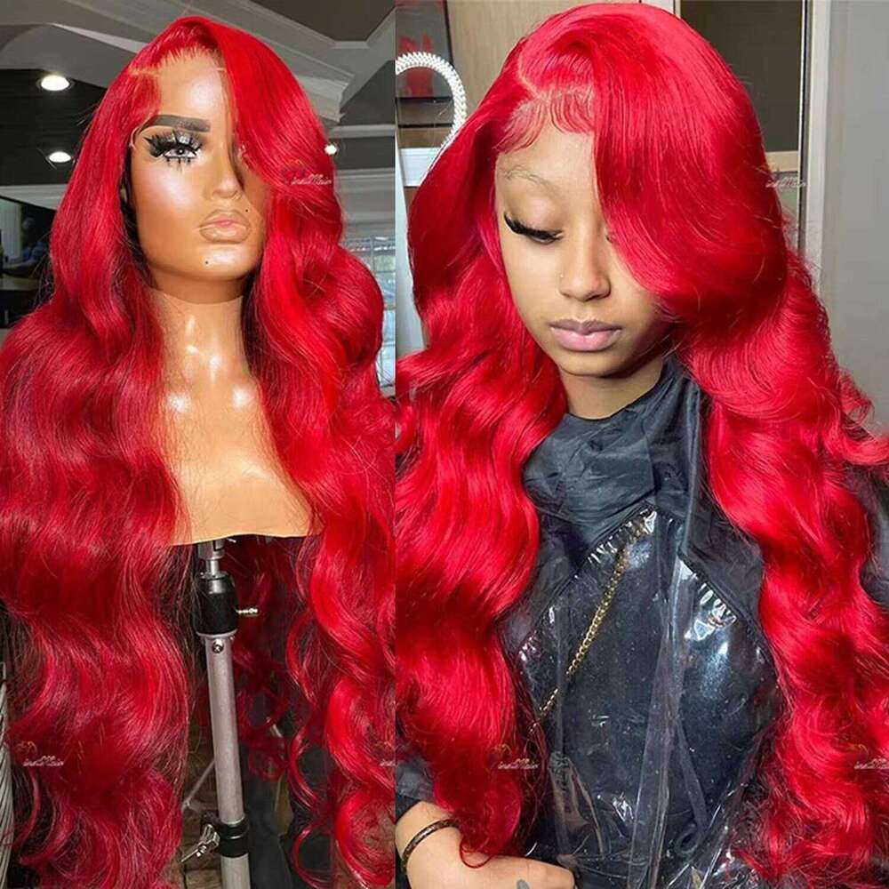 210% Density Deep Wave Front Human Hair 13x6 Red Transparent Lace Wigs For Women
