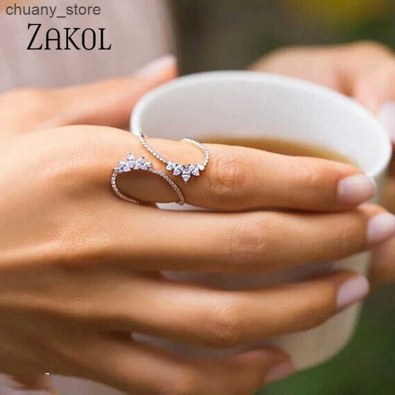 ZAKOL Cute White Geometric Zirconia Leaf Open Adjustable Rings for Women Party Jewelry 2023 New z25052965H9