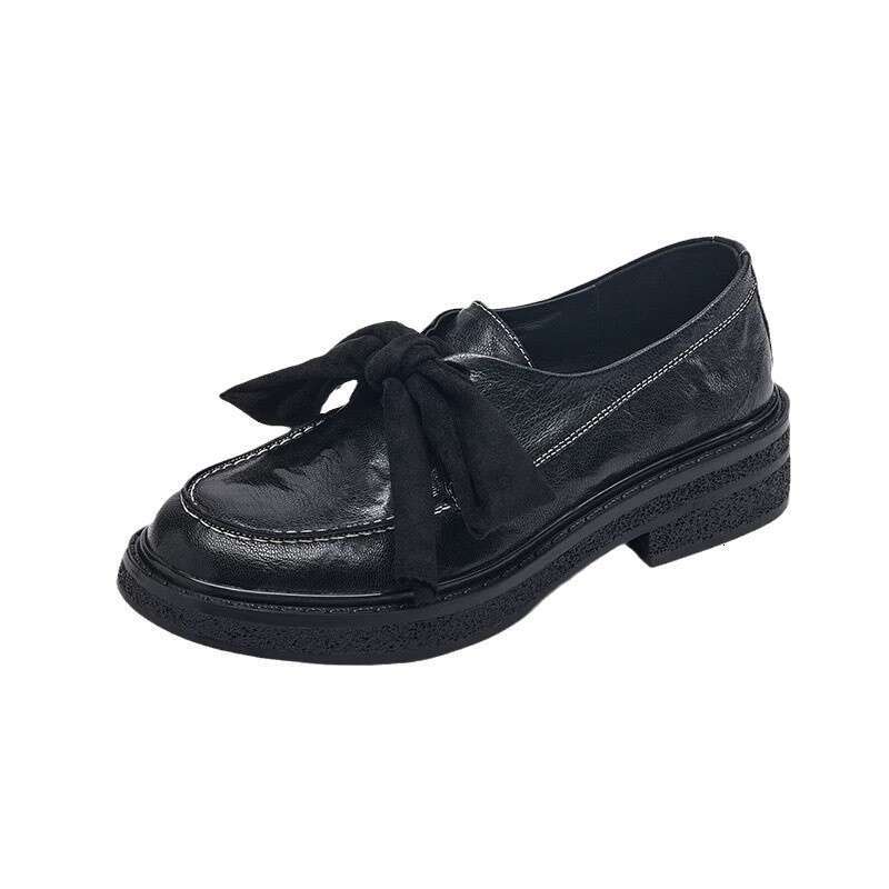 Genuine Bow Thick Sole Loafers for Women 2025 Spring New Versatile Round Toe Deep Mouth Small Leather Single Shoes