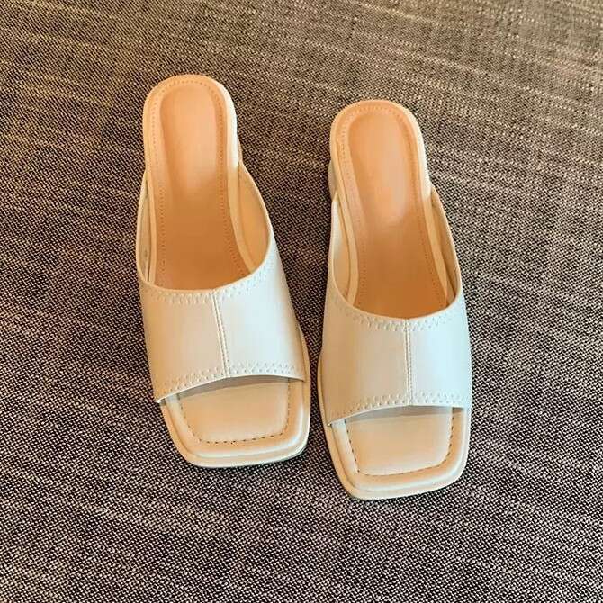 Cowhide Version ~ Korean Square Wedge Open Toe One-Strap for Women Outdoor 2025 Summer Fashion High Heel Sandals