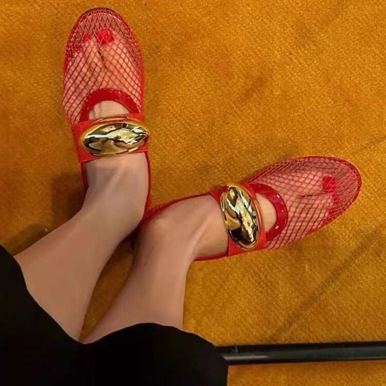 Red Metal Buckle Fishnet Hollow Flat Ballet One-Strap Mary Jane Women's Spring Summer Style Single Shoes Sandals