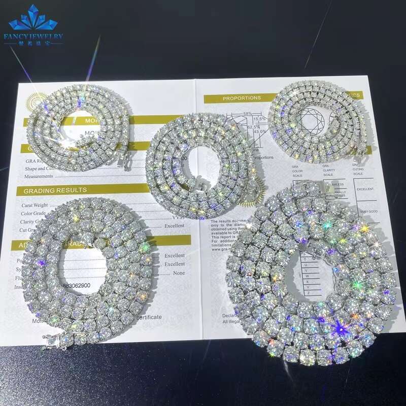 Hip Hop Iced Out D Color White VVS 925 Sterling Silver 2MM 3MM 4MM 5MM 6.5MM Moissanite Diamond Tennis Chain Necklace Women
