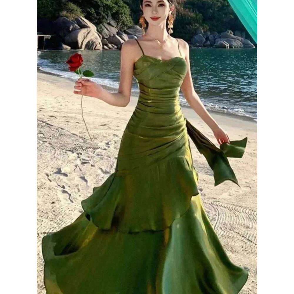 Women Elegant Graduation Birthday Evening Party Dress Ruffles Spaghetti Strap Mermaid Dresses Wedding Formal Slim Fit Prom