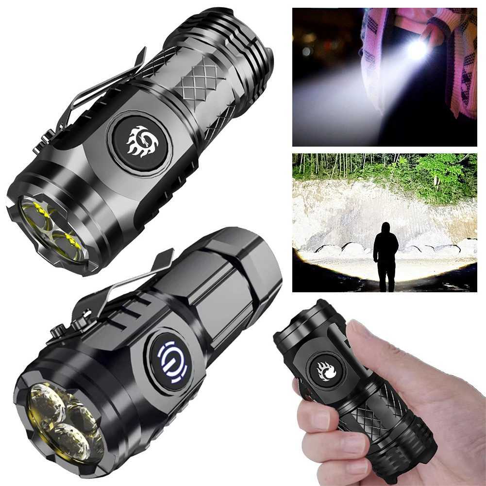 High Power LED Flashlight 3-Eyed Mini Flashlight USB Rechargeable Clip-on Torch Light Outdoor Emergency Work Lights for Hiking XJ250529