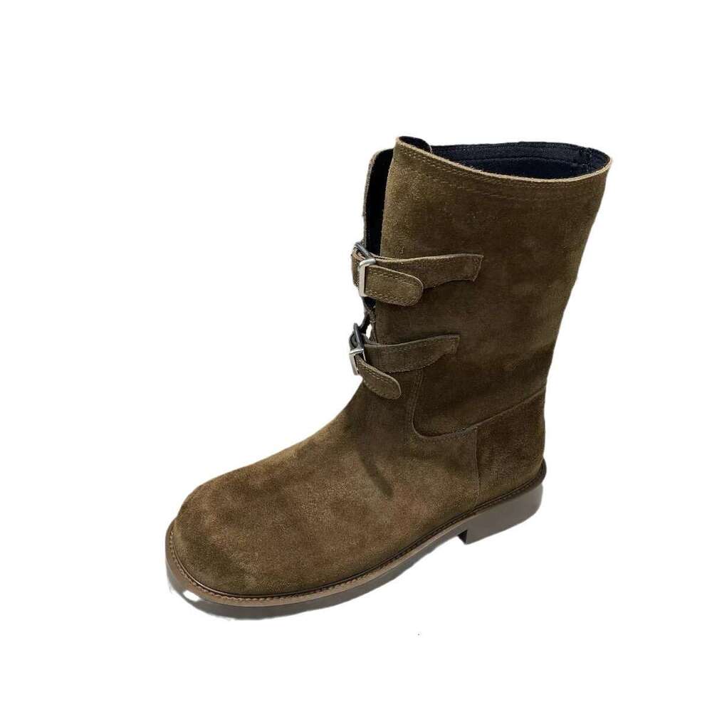 Genuine Leather Suede Round Toe Double Buckle Martin Western Cowboy Women 2024 New Autumn Winter Short Boots