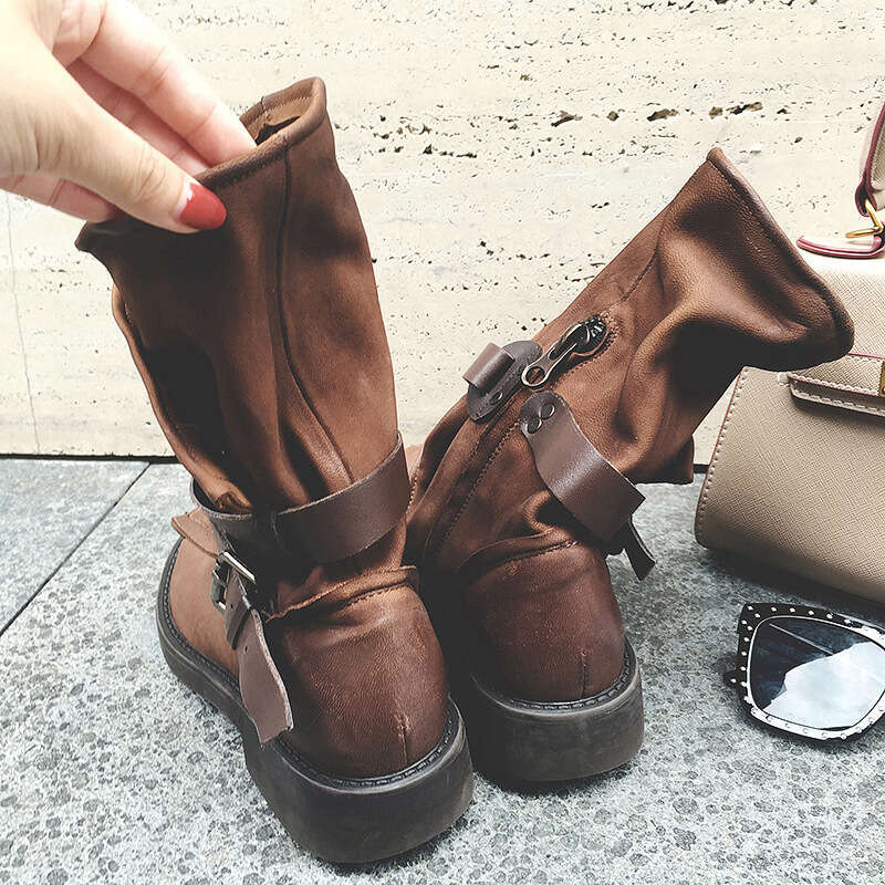 Genuine Leather Motorcycle for Women 2024 New Western Cowboy with Belt Buckle Mid-Calf Short Martin Boots