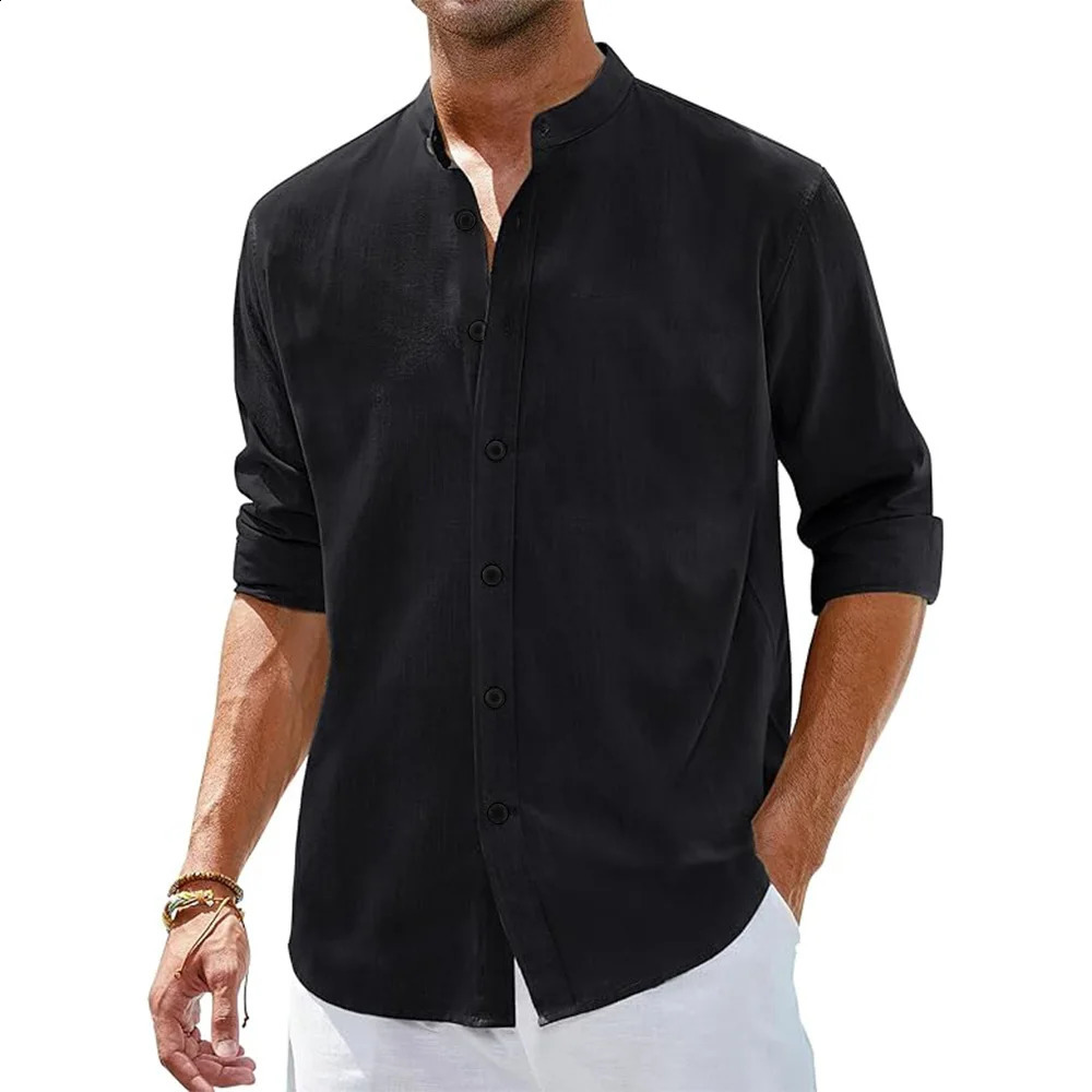 Mens Cotton Linen Shirts Long Sleeve Button Down Shirt Henley Collar Beach Shirts Hawaiian Vacation Casual Tops Men 250528