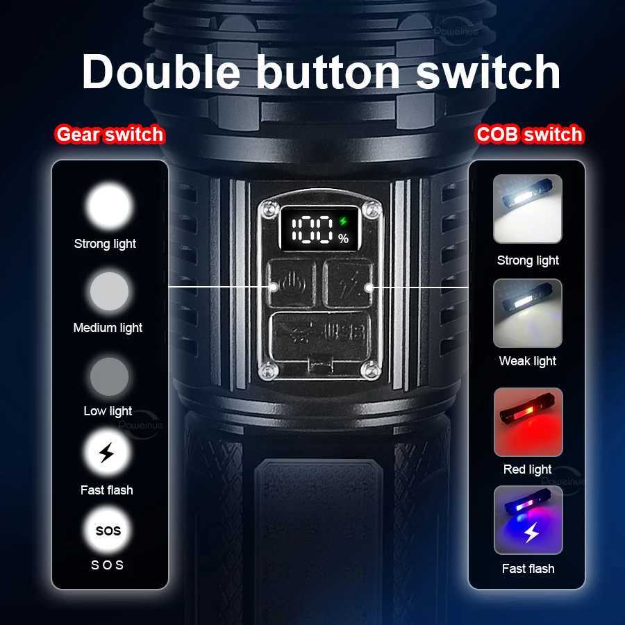 NEW Most Powerful LED Flashlights High Power Lighting 6km Spotlight Built-in Battery Rechargeable Torch Hunting Tactical TorchesXJ250529