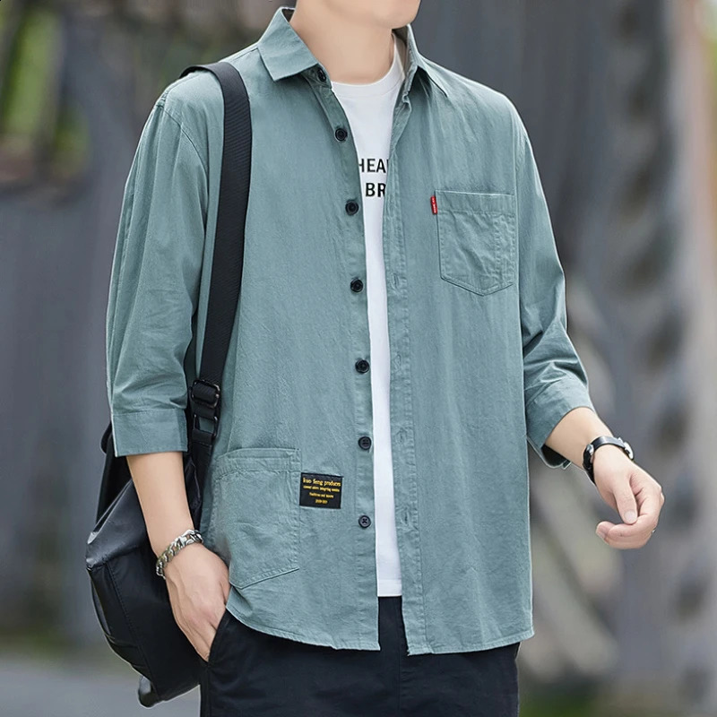 Men shirts Summer Mens clothing ShortSleeved shirts blouses Daily Solid Color StandUp Collar Casual Beach Style Male Shirt 250517