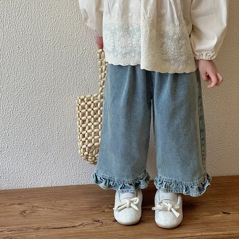 Kids Jeans Girls 2024 Spring Autumn Childrens Fashion Casual Wide-leg Pants Lace Princess Sweet and Lovely 250526