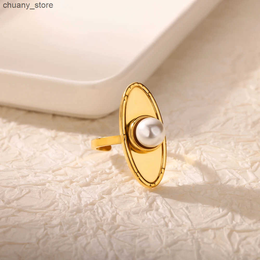 Zircon Pearl Creative Shape Design Stainless Steel Gold Plated Ring for Women Open Adjustable Charm Jewelry Accessory Trendy New z250529KGYF