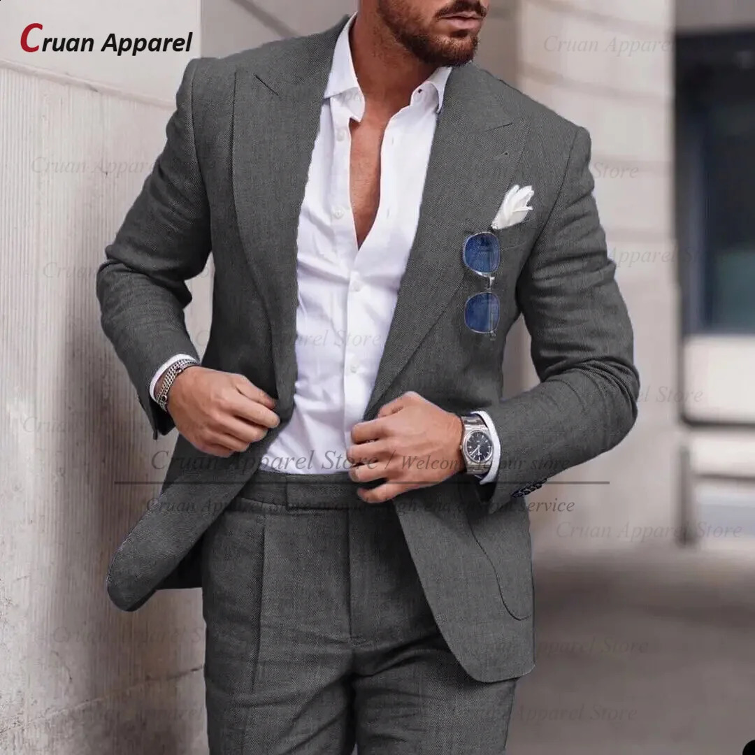 Fashion Sky Blue Linen Suit Set For Male Casual Party Fashion Blazer Pants 2Pieces Wedding Groomsman Formal Peaked Lapel Outfits 250522