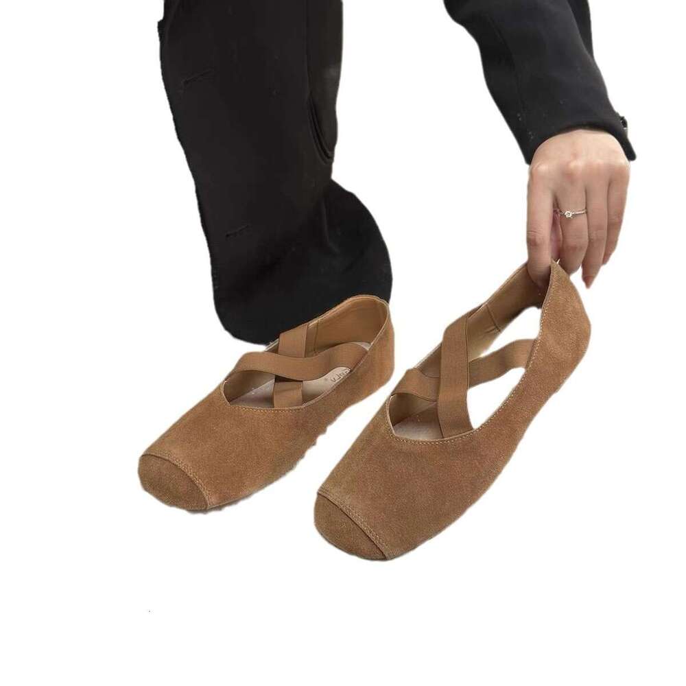 Genuine Leather Niche Suede Round Toe Cross Strap Flat Ballet for Women Spring and Autumn New Mary Jane Shoes