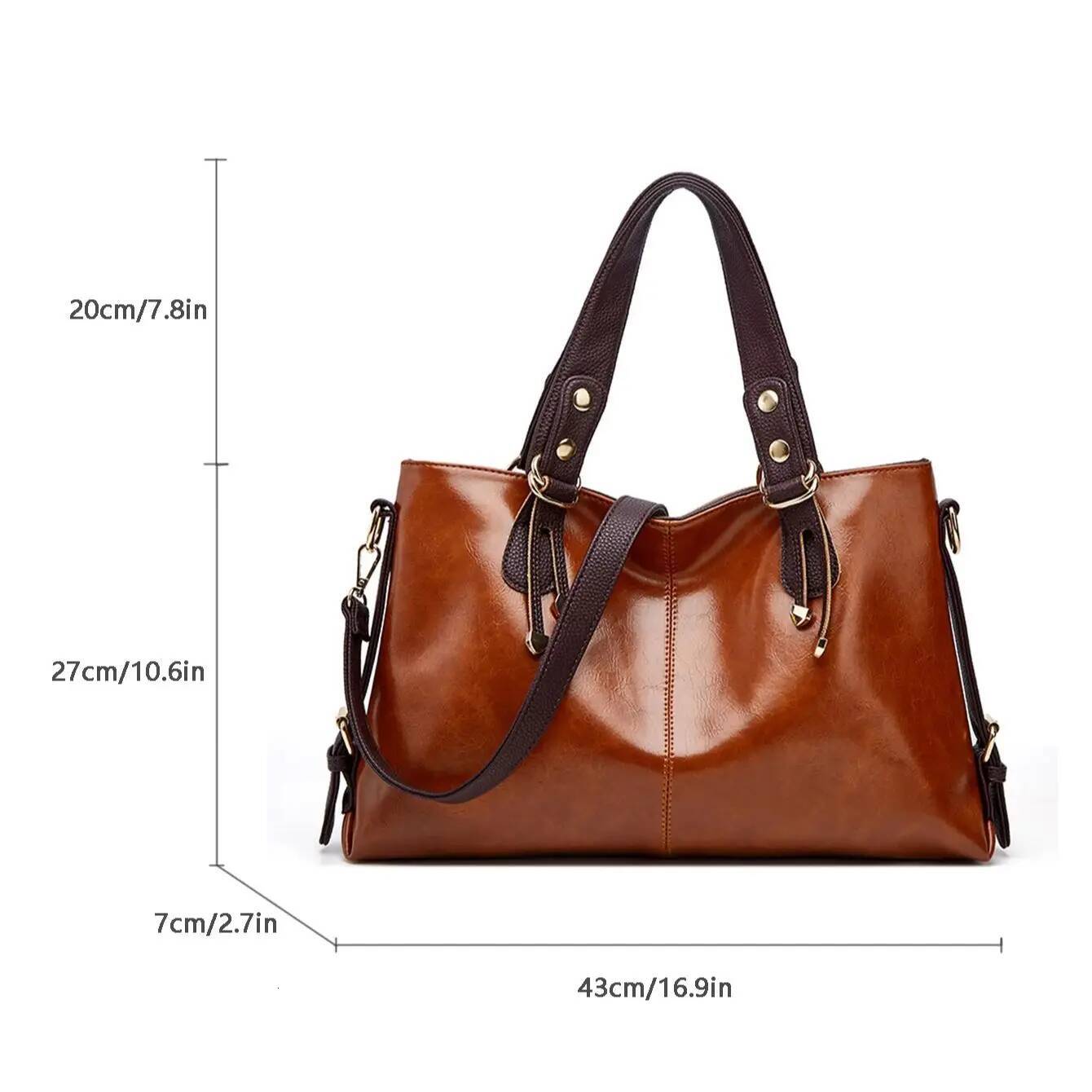 Retro Minimalist Atmosphere Large-Capacity Wide Shoulder Strap Solid Color Tote Bag, Ladies' Fashion Multi-Layered Wax Oil Leather