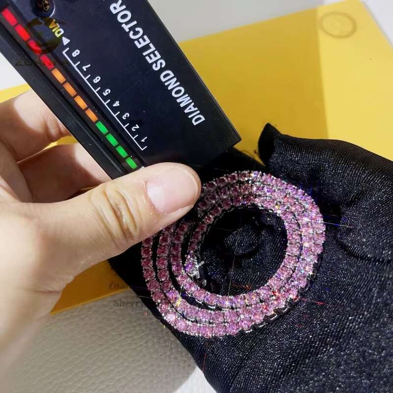 Custom Made Pass Diamond Tester Sterling Silver White Gold 3MM 4MM Pink Moissanite Tennis Chain
