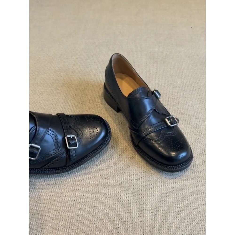 Genuine Brogue Carved Small Leather Shoes for Women, Chunky Heel, Thick Sole, Round Toe, Slip-On Loafers, Commuter Flats