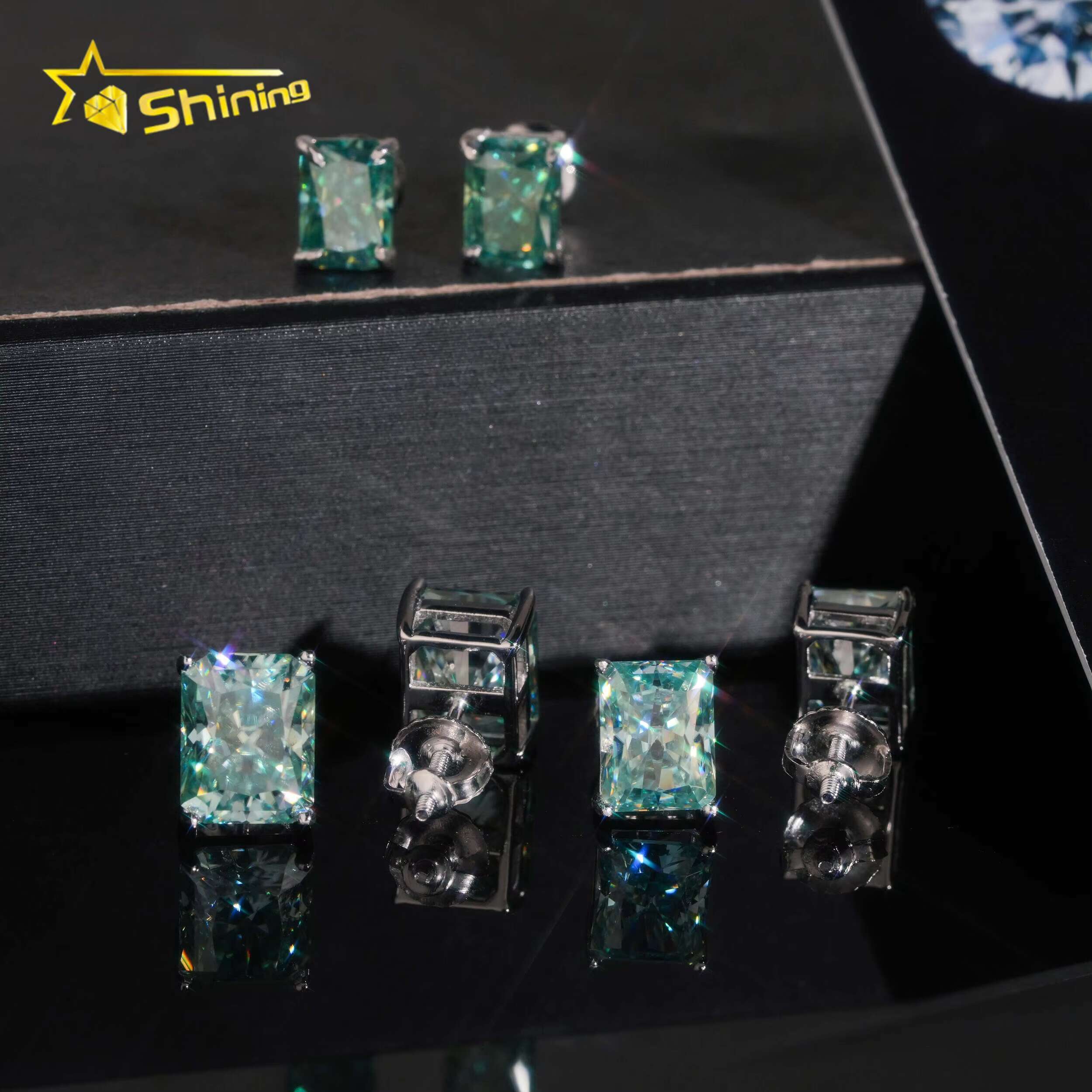 Fashion Jewelry Color Diamond Blue Green 925 Silver Screw Back Radiant Cut Moissanite Stud Earrings