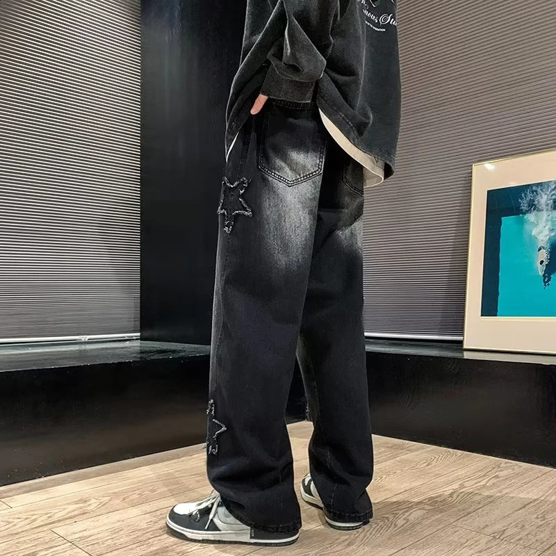 Stars Patchwork Men Jeans Fashion Y2K Tassel Pants Korea Clothes Straight Hip Hop Splicing Trousers Male Streetwear 250526