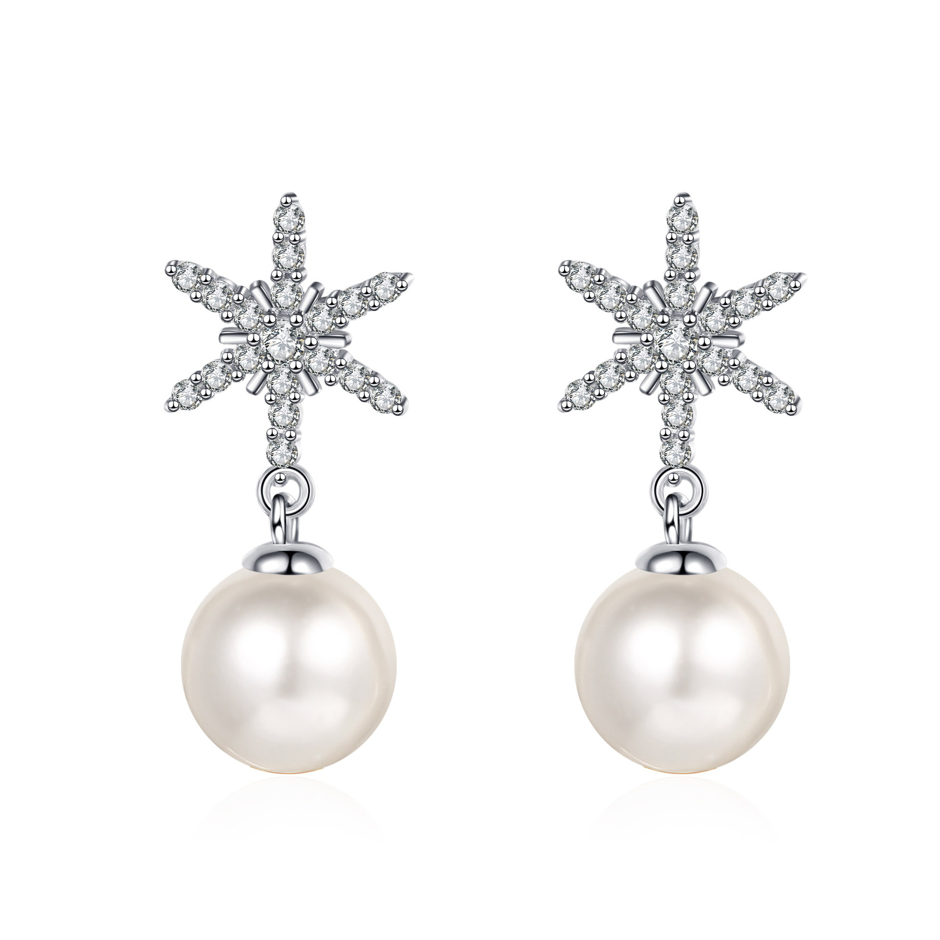 S925 Sterling Silver Earrings with 8mm Freshwater Pearls and Moissanite Snowflake Studs Wholesale Fashion Jewelry Hot Selling