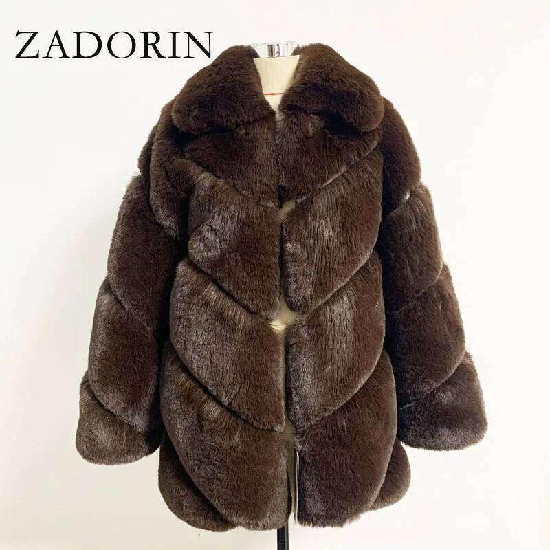 ZADORIN Winter Fashion Long Faux Rabbit Coat Turn Down Collar Fluffy Warm Fake Fur Coats and Jackets Women Jacket