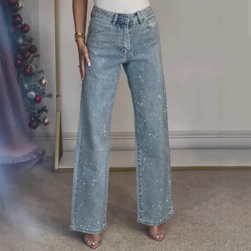 Straight Jeans for Women Diamonds Pants Stretch High Waist Washed Distressed Pockets Vintage Denims Streetwear Female Trousers 250521