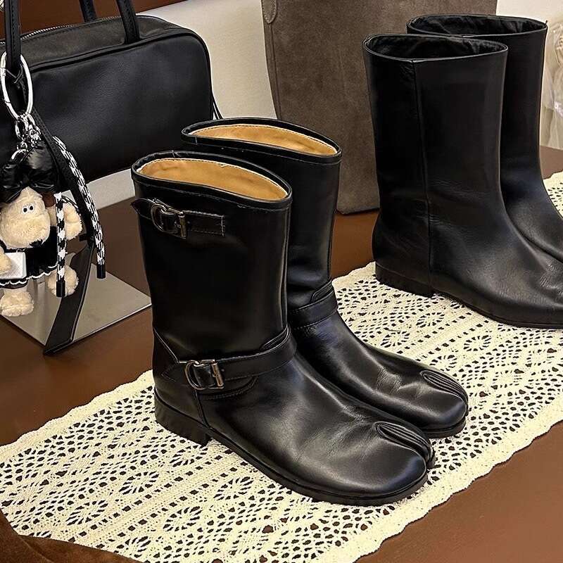 Niche Pig Trotter Split Toe Martin for Women Autumn Winter Fleece Lined Chunky Heel Versatile Mid-Calf Western Cowboy Boots