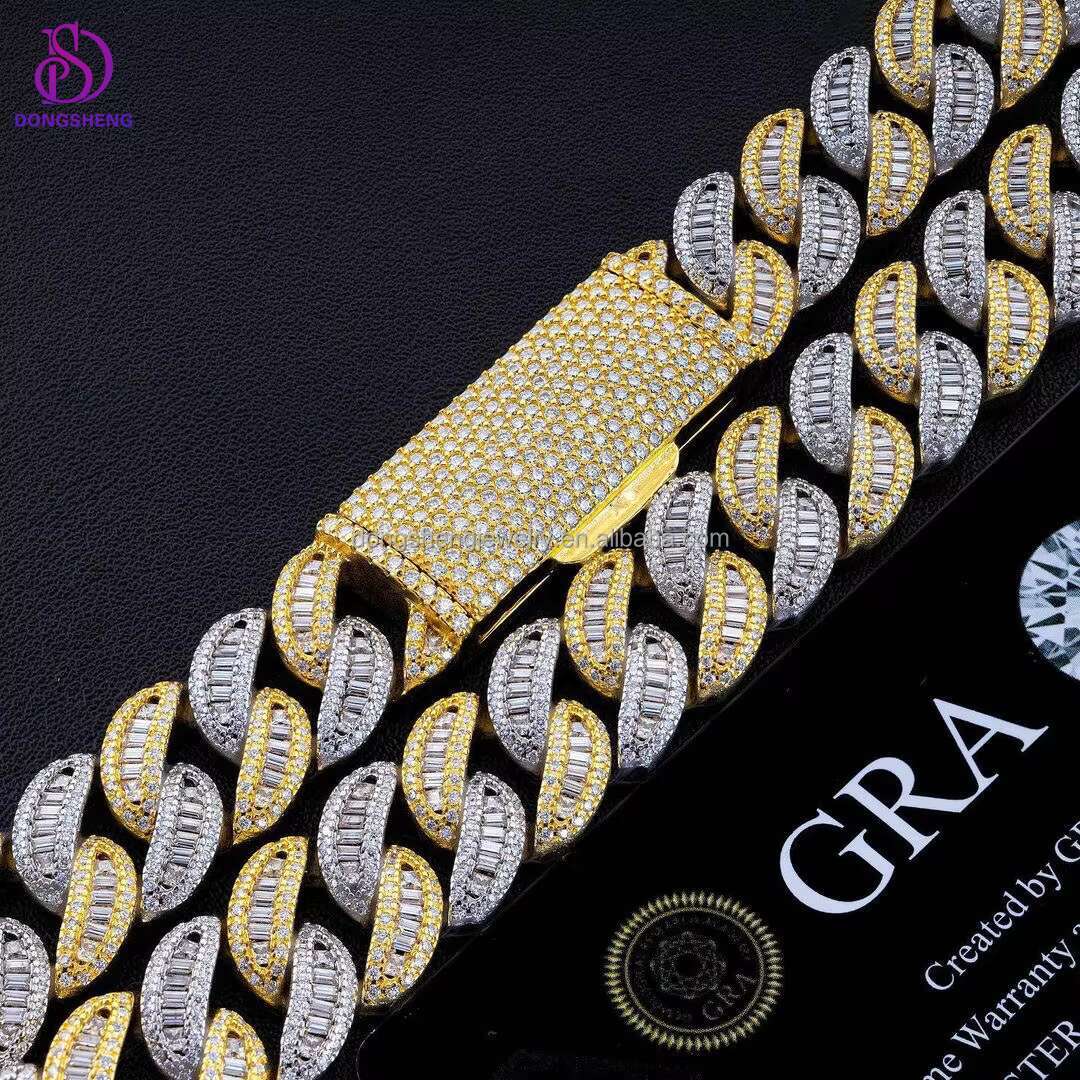 Hip Hop Jewelry Tone Two 15mm Baguette 925 Silver Iced Out Necklace Vvs Diamond Moissanite Cuban Bracelet