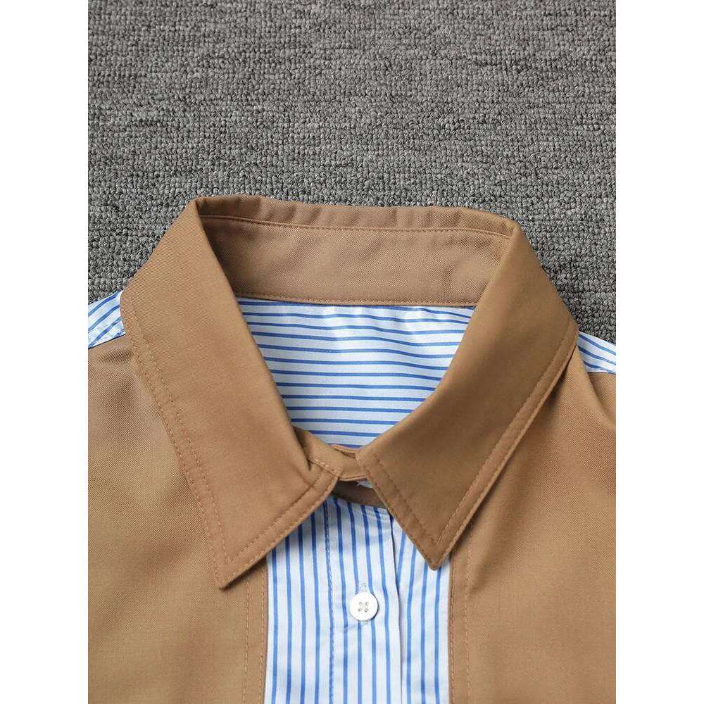 Women's Wear Women Khaki Striped Color-Block Big Size Casual Blouse New Lapel Long Sleeve Shirt Fashion Tide Spring Autumn 7Ab8930