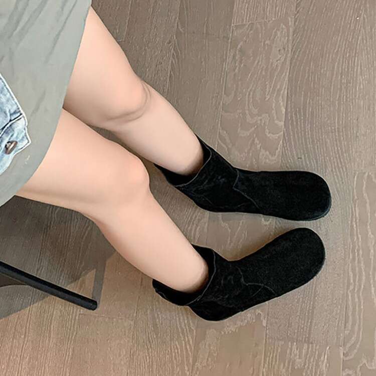 Genuine Korean Style Suede Turned Leather Round Toe Flat Slim Short Women 2024 New Versatile Mid-Calf Denim Boots